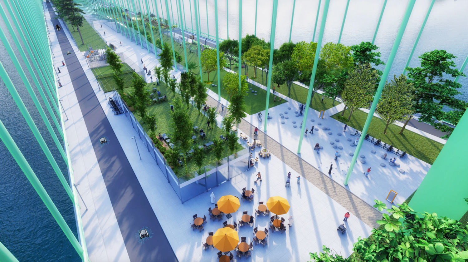 Eine Vision: Die Rodenkirchener Brücke als begrünter Aufenthaltsort mit Spielplatz und Biergarten, Bild: CDU Rodenkirchen