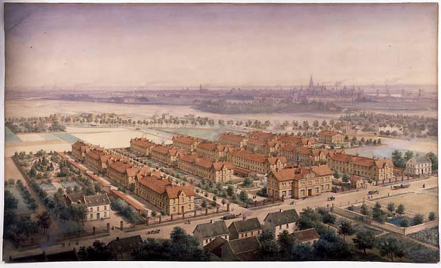 Die Arbeitersiedlung "Wilhelmsruh", Aquarell von Jakob Scheiner aus dem Kölnischen Stadtmuseum