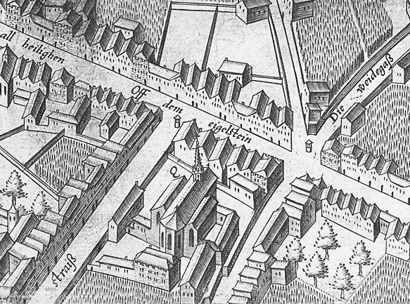 Deutlich aurf diesem Ausschnitt des Mercator - Stadtplanes zu erkennen: Die Weidengasse war früher kaum bebaut