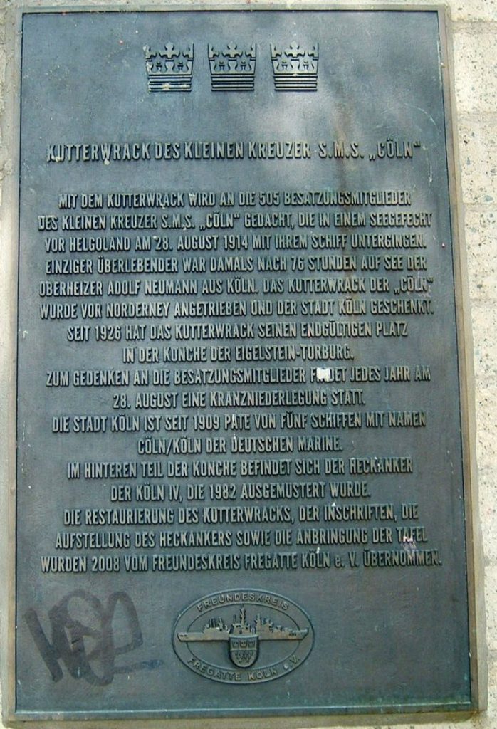 Gedenktafel zur Erinnerung an den Untergang der "Cöln" an der Eigelsteintorburg, Bild: Peng (talk), CC0, via Wikimedia Commons